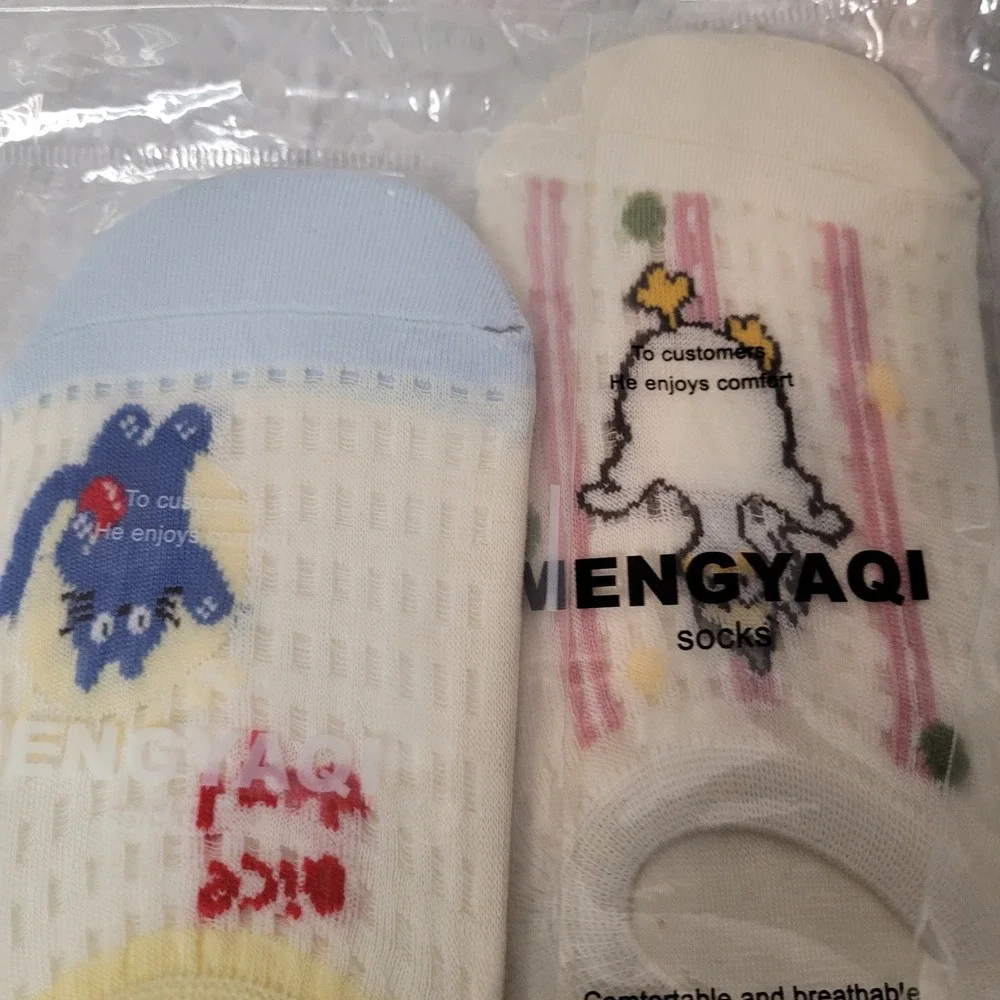 MENGYAQI 5 Pack No‎ Show Socks Pastel Kawaii Cat Bunny Floral Mesh Low Cut Socks